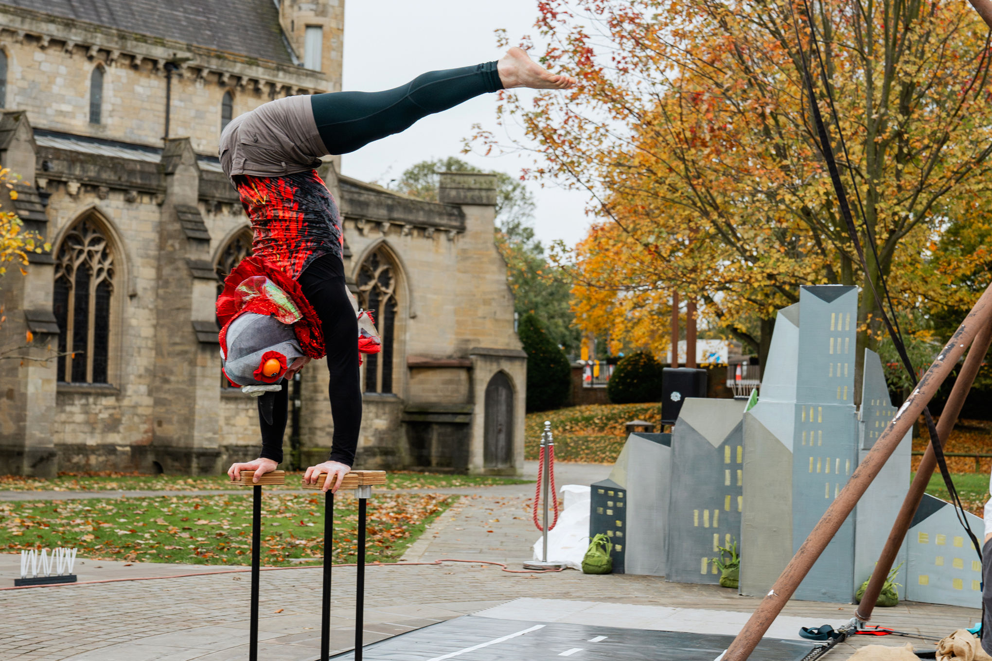 A group of performers in pigeon costumes on a stage.