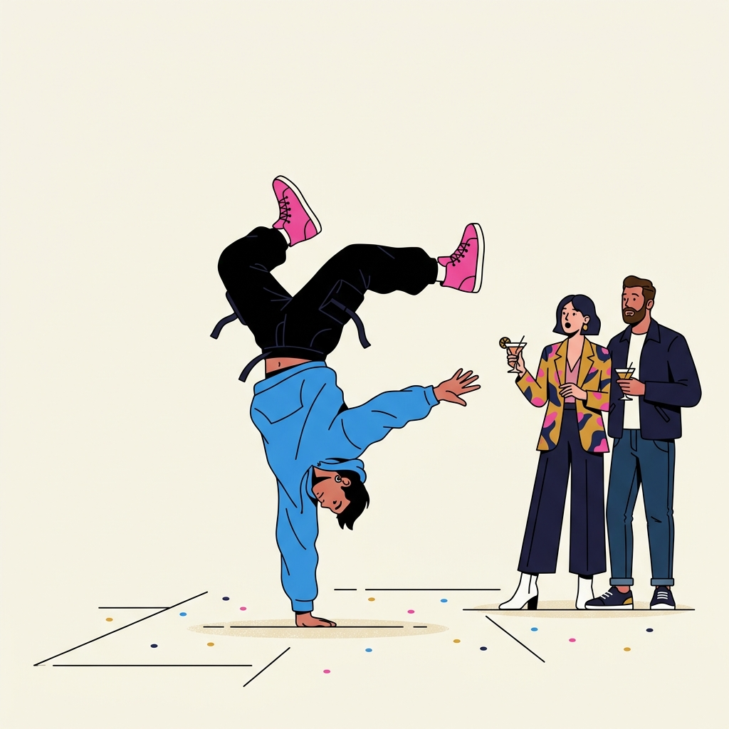 Minimal editorial illustration of an elderly person and a child both on balance boards, helping each other