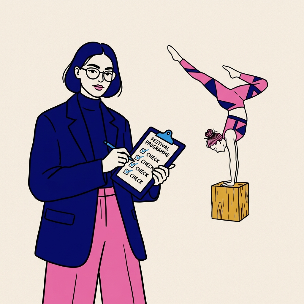 Contemporary illustration of a festival programmer with a clipboard checking off items while a performer balances nearby