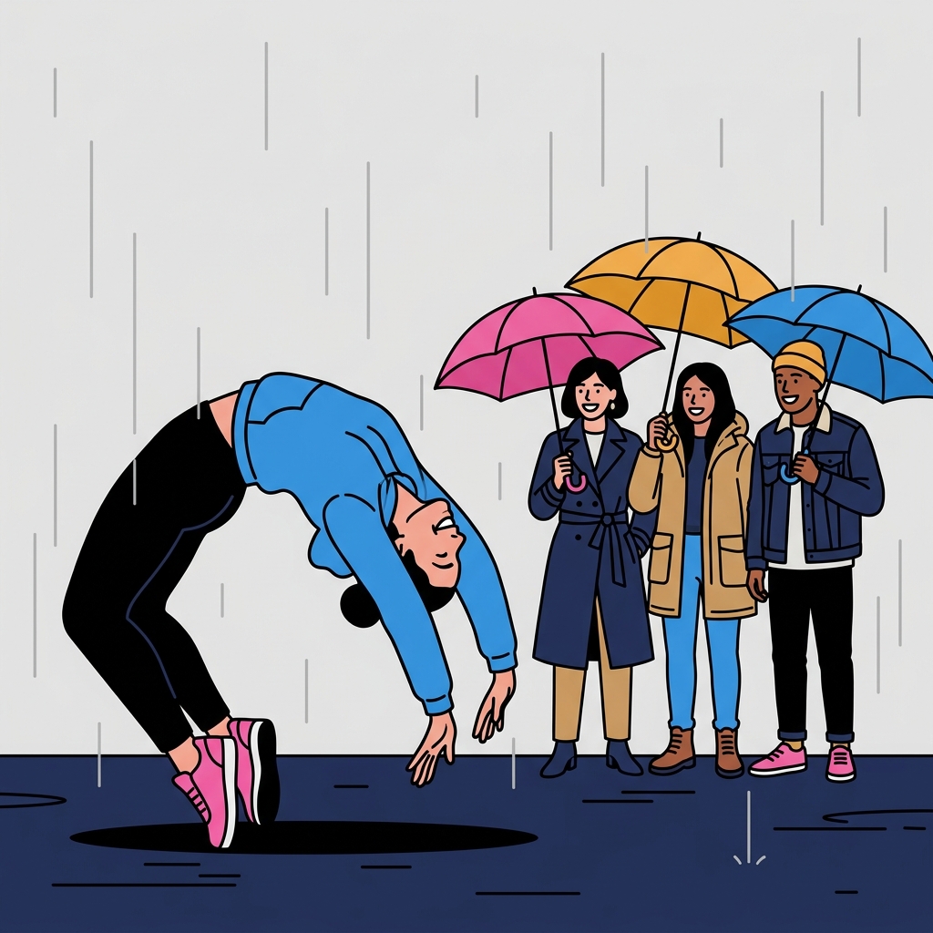Contemporary illustration of a performer doing a backbend in the rain while festival-goers watch under umbrellas