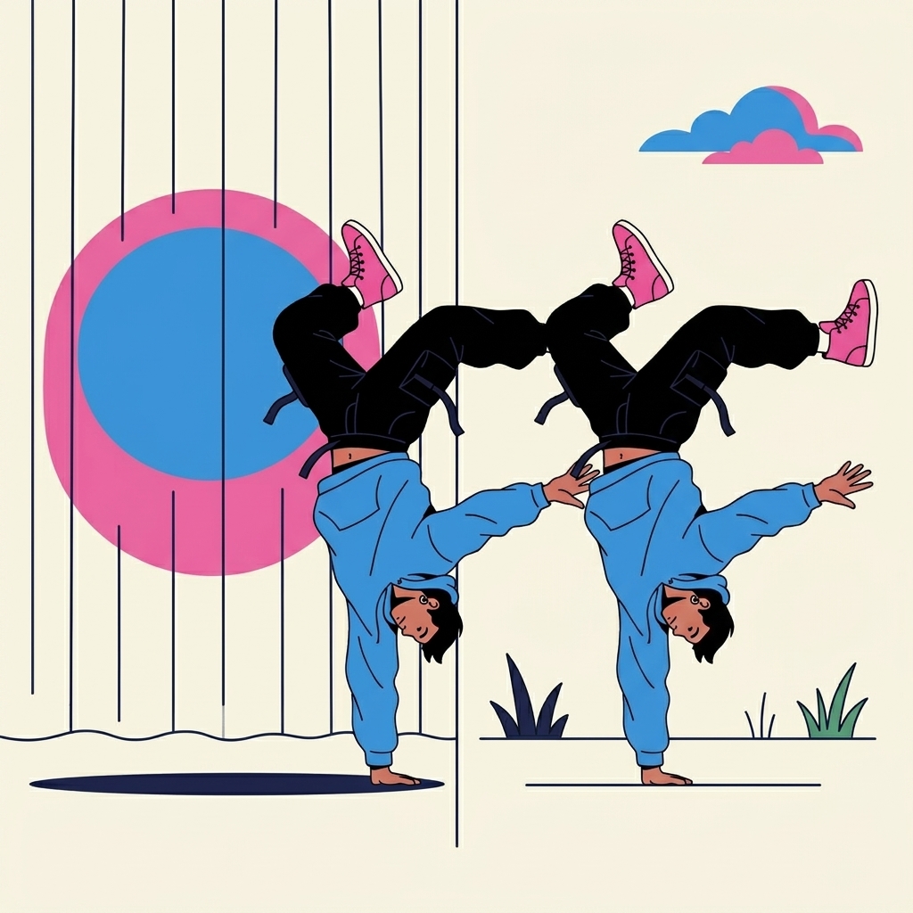 Minimal editorial illustration split between a theatre interior with curtains and an outdoor green space with a performer