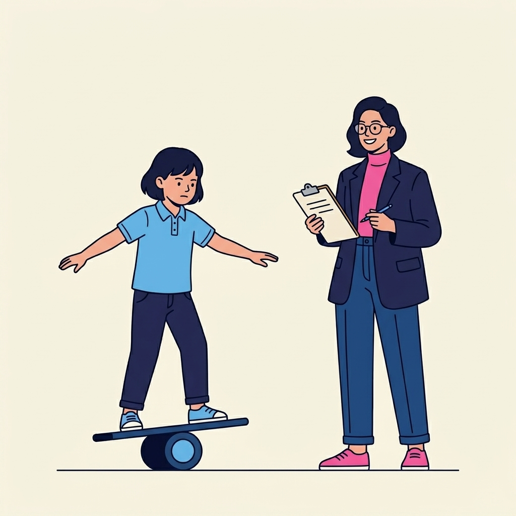 Contemporary illustration of children in a school hall practising circus skills with a teacher observing and taking notes on a clipboard