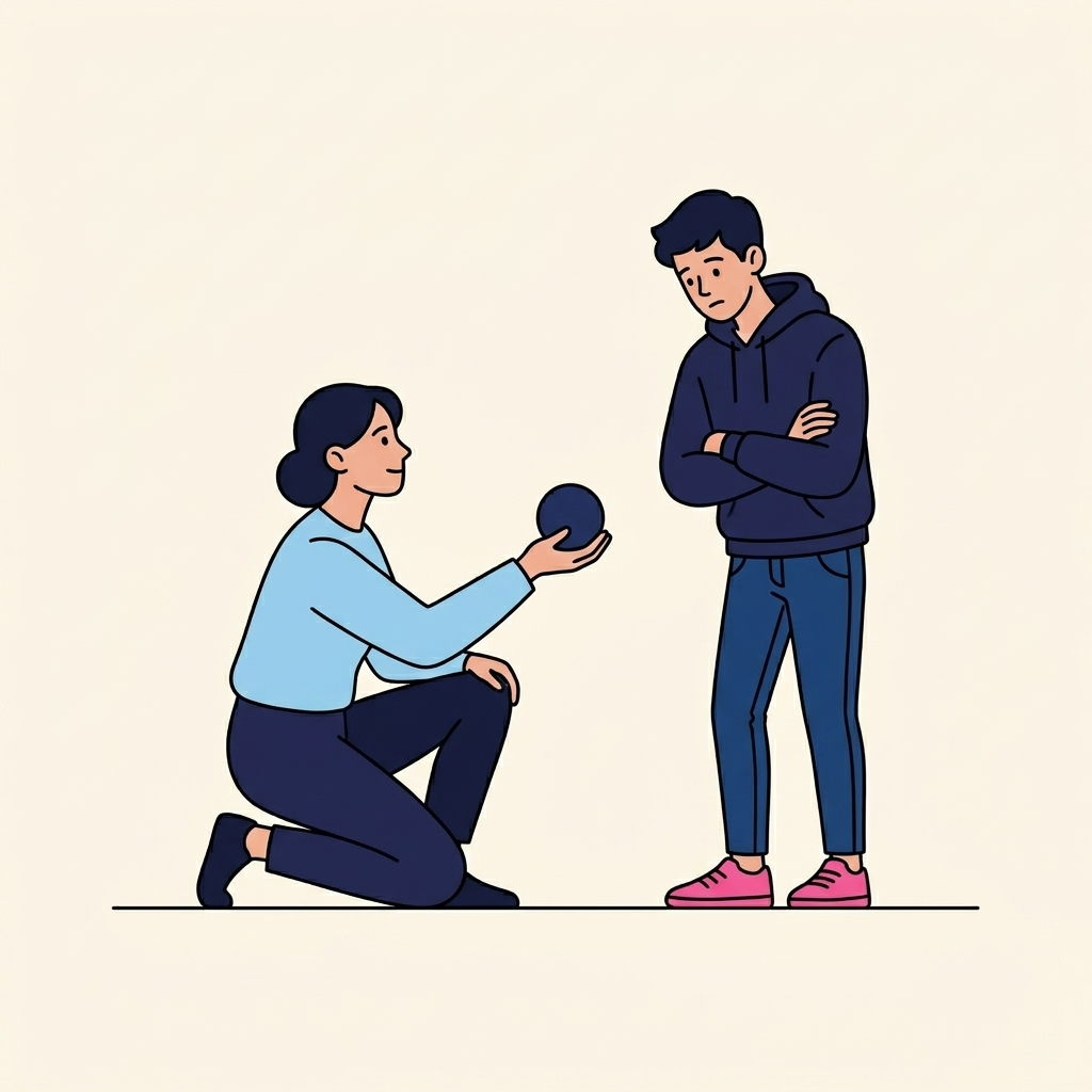 Contemporary illustration of diverse young people learning circus skills in a community setting, with a facilitator guiding partner acrobatics