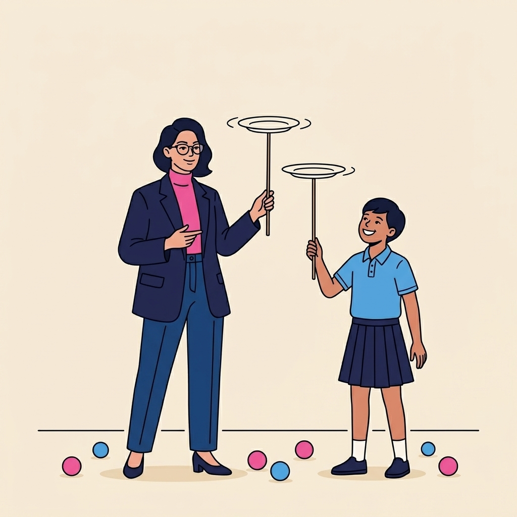 Contemporary illustration of a teacher with a clipboard watching children learn circus skills in a school hall