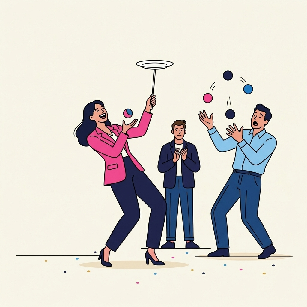 Contemporary illustration of corporate professionals in business casual clothes learning circus skills together, laughing while juggling